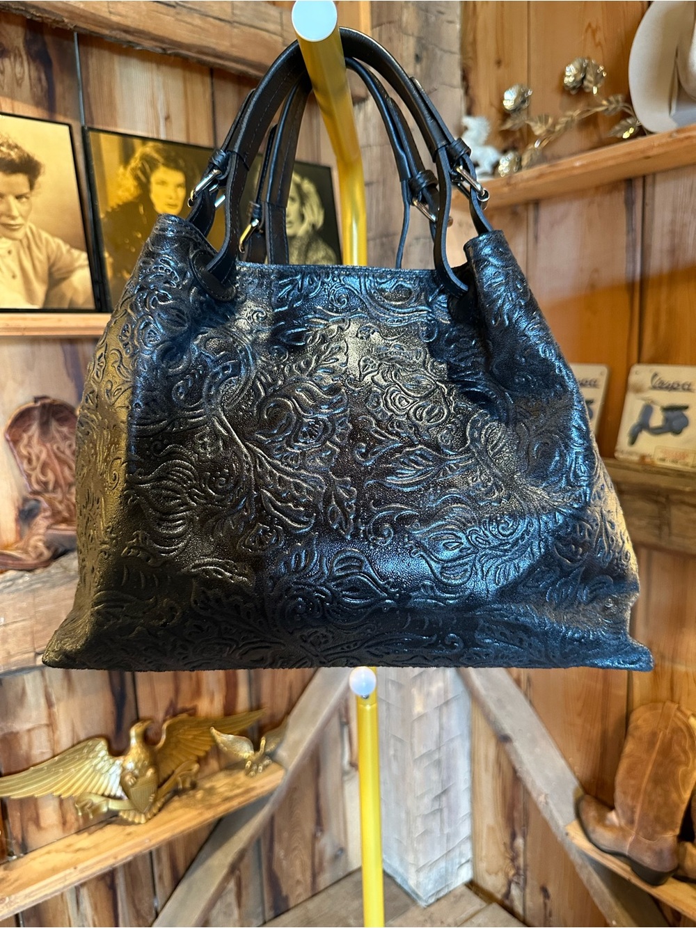 Isadora Black Embossed Shoulder Bag with Floral Texture
